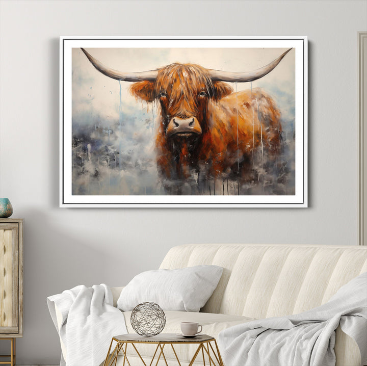 Scottish Highland Wall Art Canvas Print, Framed Longhorn Art Picture Print, Western Cow Perfect Farmhouse Decor Artwork