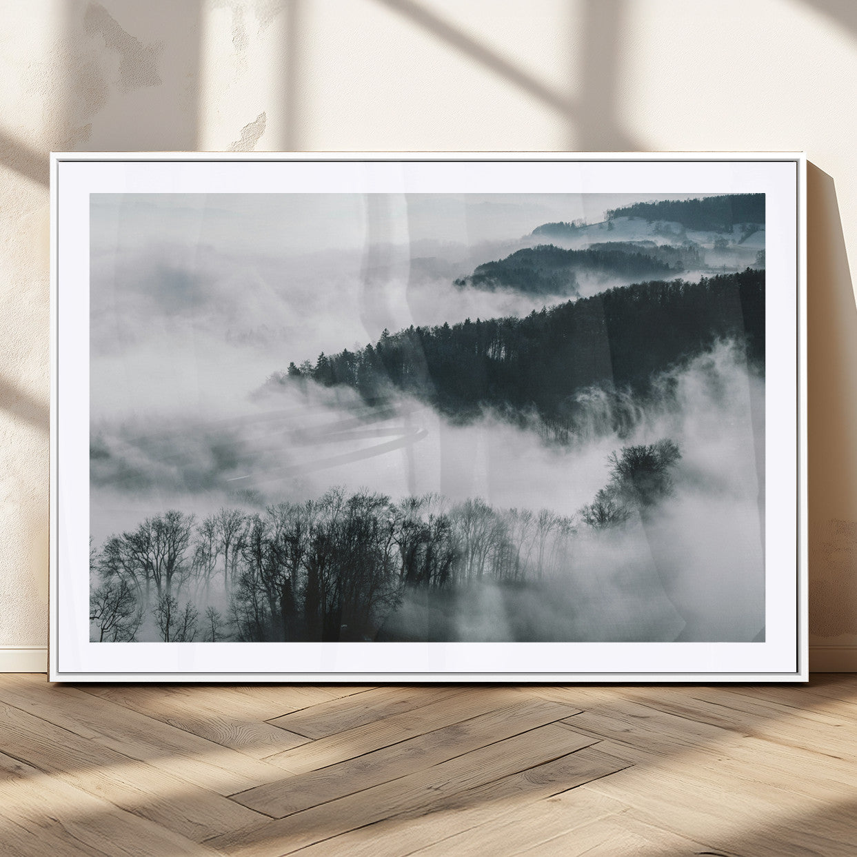 MGC-FP-36x24 - Foggy Forest Landscape Wall Art Canvas Print – Misty Mountain Valley Scene in Monochrome Tones,