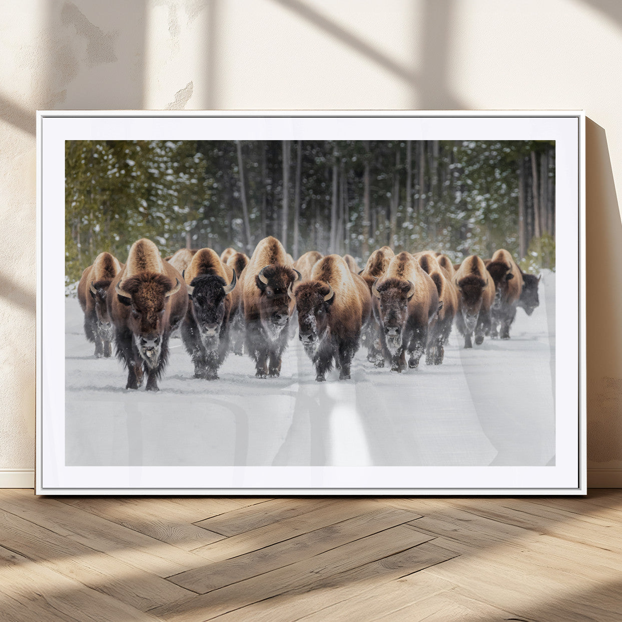 American Bison Herd in Snow Wall Art Canvas Print – Powerful Winter Wildlife Scene with Buffalo in Motion, Perfect for Rustic Lodge or Western Cabin Decor