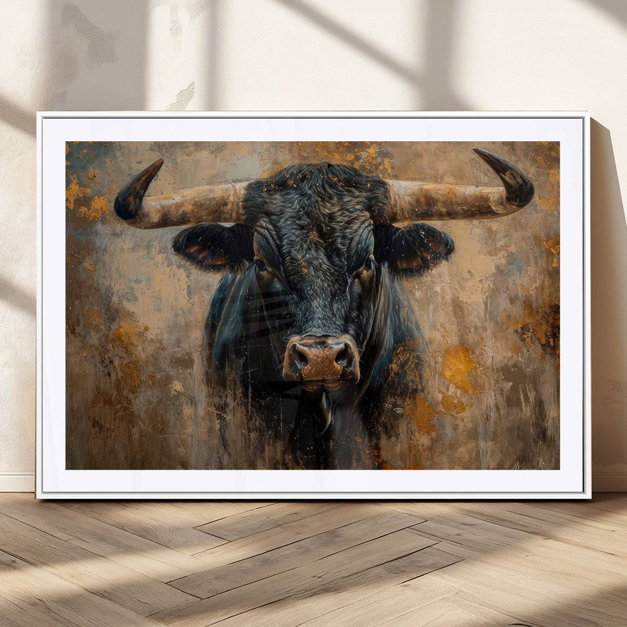 91615410-MGV-CV-36X24 - Abstract Texas Longhorn Bull Wall Art – Rustic Farmhouse Canvas Print, Western Cabin Style Decor, Large Animal Artwork for Living Room or Office