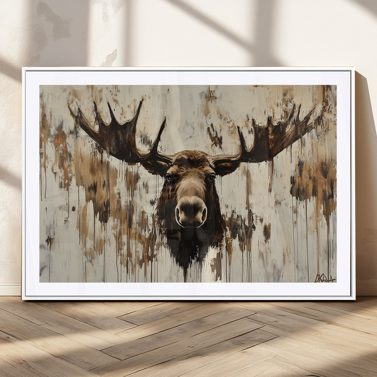 34496536-MGV-CV-36X24 - Powerful Moose Portrait Wall Art – Rich Earthy Tones, Expressive Brushstrokes, Striking Gaze, Raw Nature Vibes Decor for Home or Office