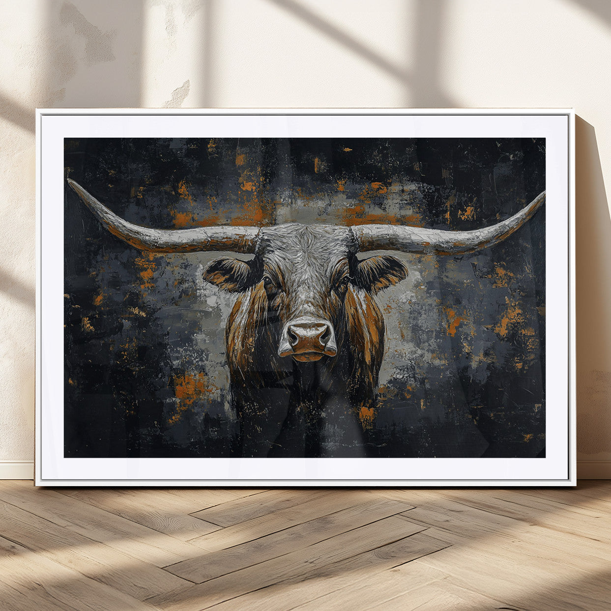 Rustic Longhorn Bull Wall Art Canvas Print – Vintage Western Cattle Painting, Texas Steer Artwork for Ranch, Farmhouse or Cowboy Decor