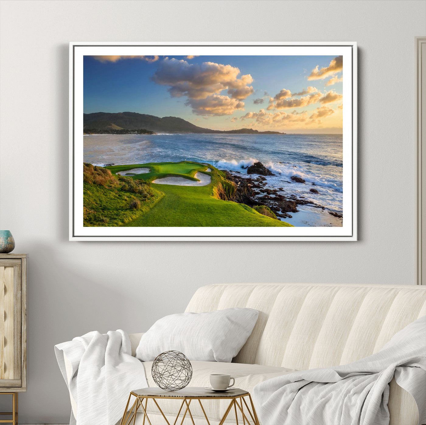 50107048-MGC-FP-36x24_White-Pebble Beach Golf Links Wall Art Canvas Print – Iconic Coastal Golf Course Artwork, Perfect for Office, Man Cave, or Golf Lover’s Decor