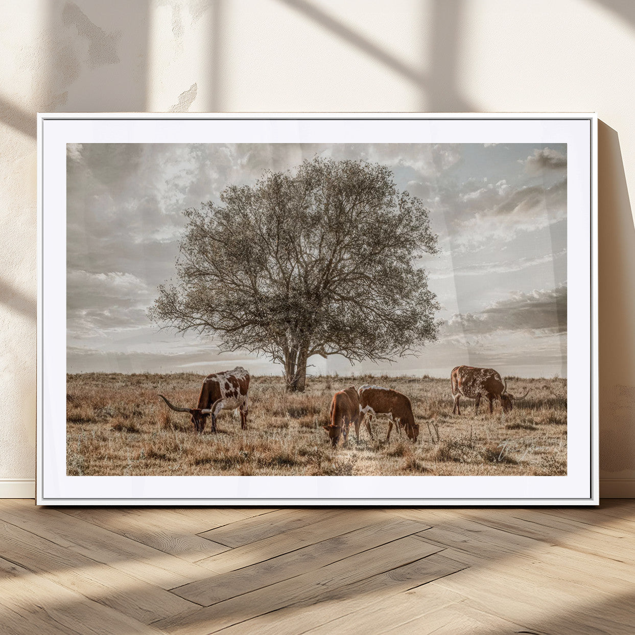 Texas Longhorn Cattle Wall Art Canvas Print – Rustic Western Ranch Scene with Steers at Sunset, Perfect for Farmhouse or Cowboy Decor