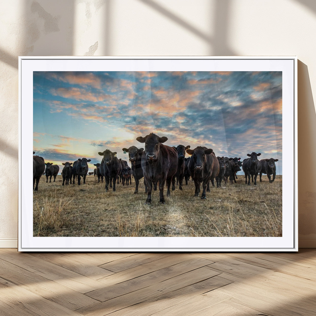MGC-FP-36x24 - Texas Longhorn Cattle Wall Art Canvas Print – Rustic Western Ranch Scene with Steers at Sunset,