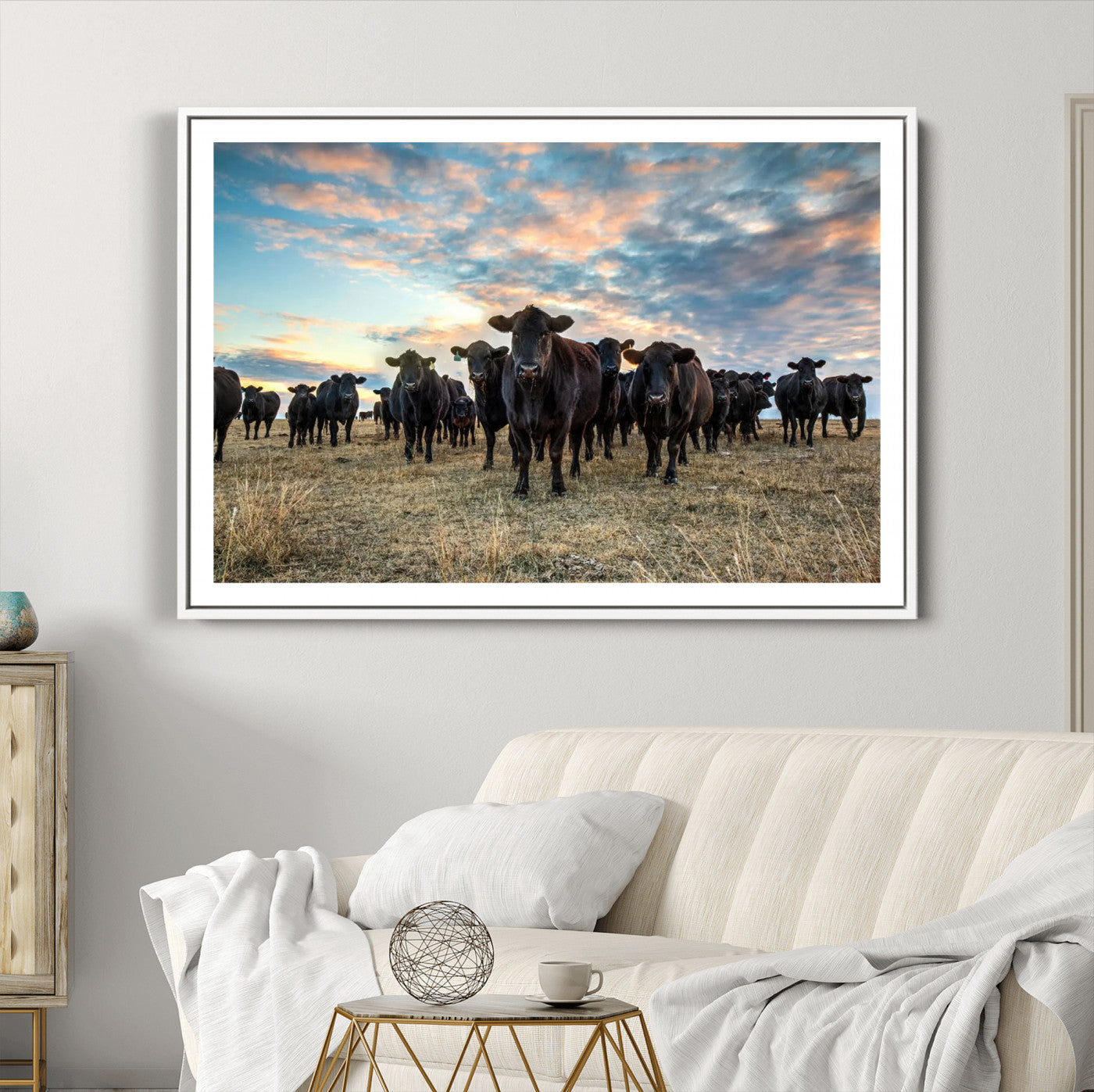 13867292-MGC-FP-36x24_White-Texas Longhorn Cattle Wall Art Canvas Print – Rustic Western Ranch Scene with Steers at Sunset, Perfect for Farmhouse or Cowboy Decor