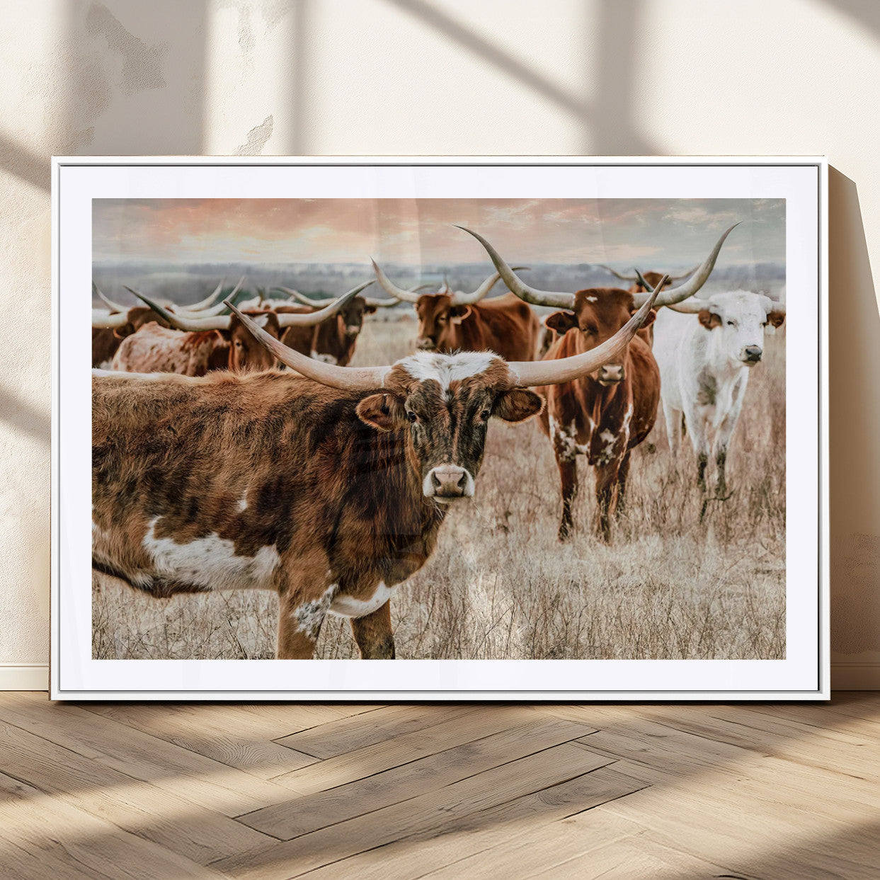 MGC-FP-36x24 - Texas Longhorn Cattle Wall Art Canvas Print – Rustic Western Ranch Scene with Steers at Sunset,