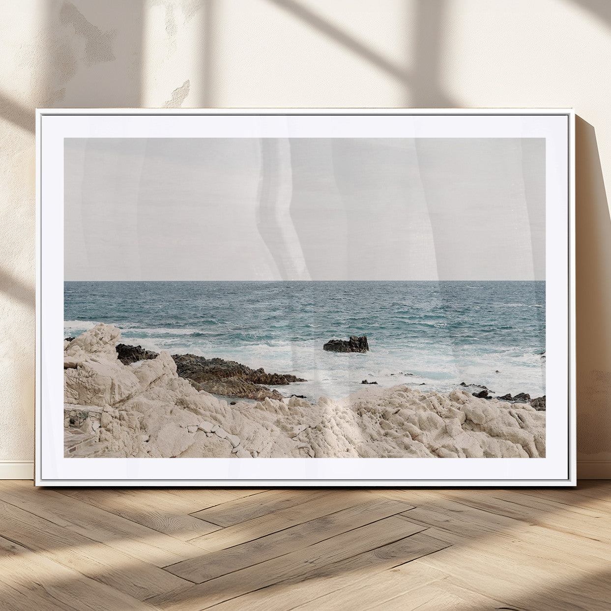 MGC-FP-36x24 - Coastal Ocean View Wall Art Canvas Print – Serene Rocky Shoreline and Blue Sea Photography for