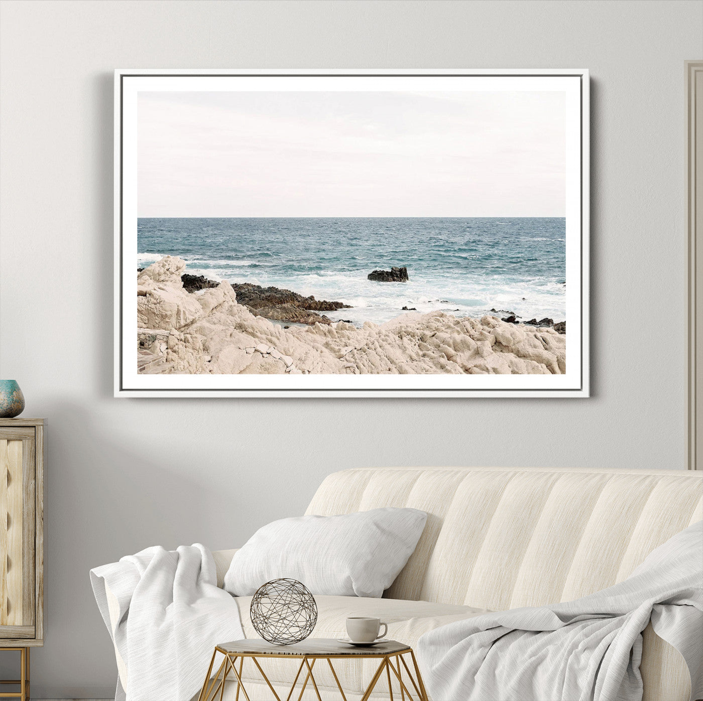 25481980-MGC-FP-36x24_White-Coastal Ocean View Wall Art Canvas Print – Serene Rocky Shoreline and Blue Sea Photography for Coastal Chic or Minimalist Home Decor
