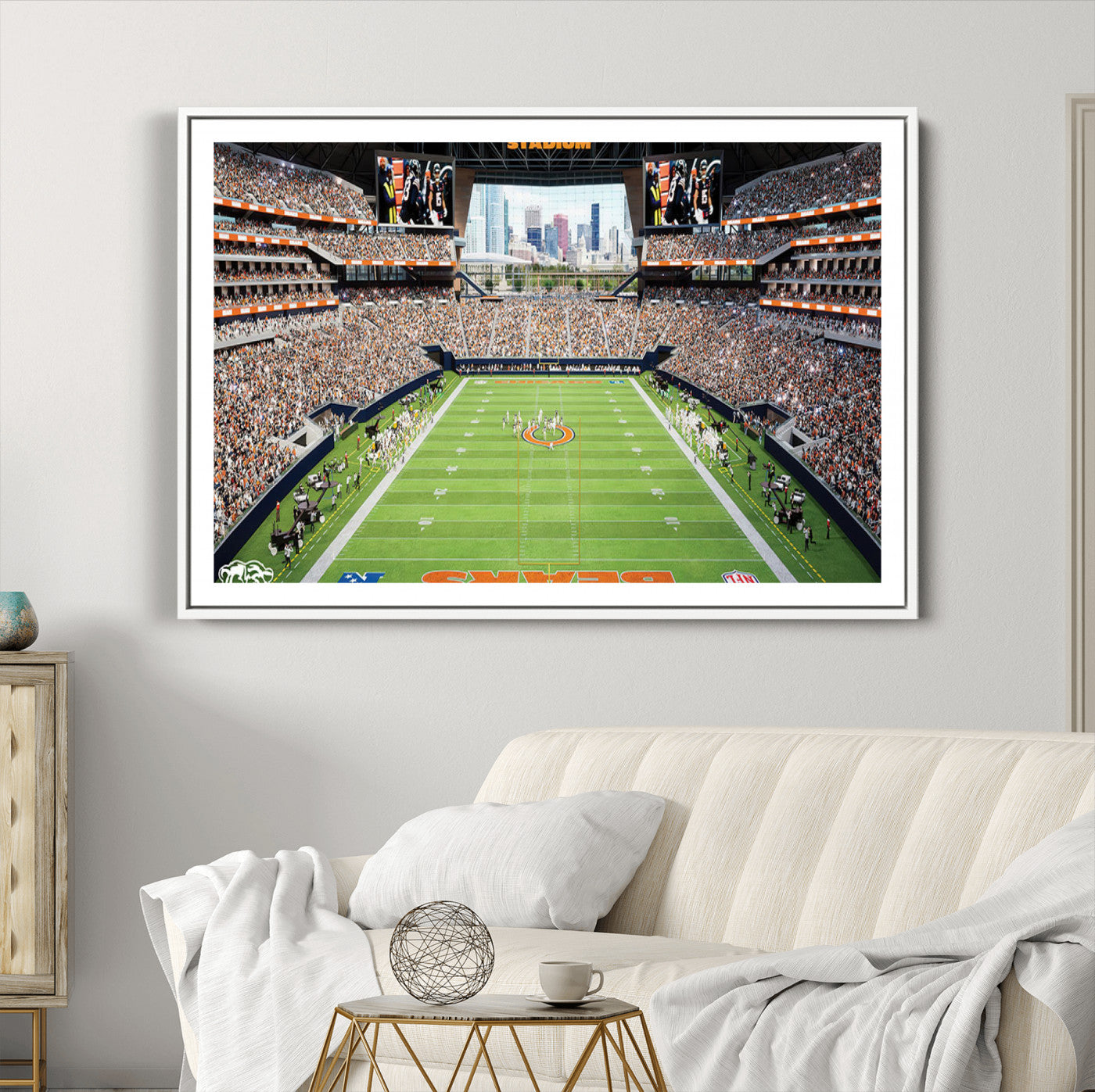 76935553-MGC-FP-40x30_White-Chicago Bears Soldiers Field Wall Art Canvas Print – Framed Football Stadium Artwork for Sports Fans, Soldier Field Skyline Canvas Decor for Game Room or Man Cave