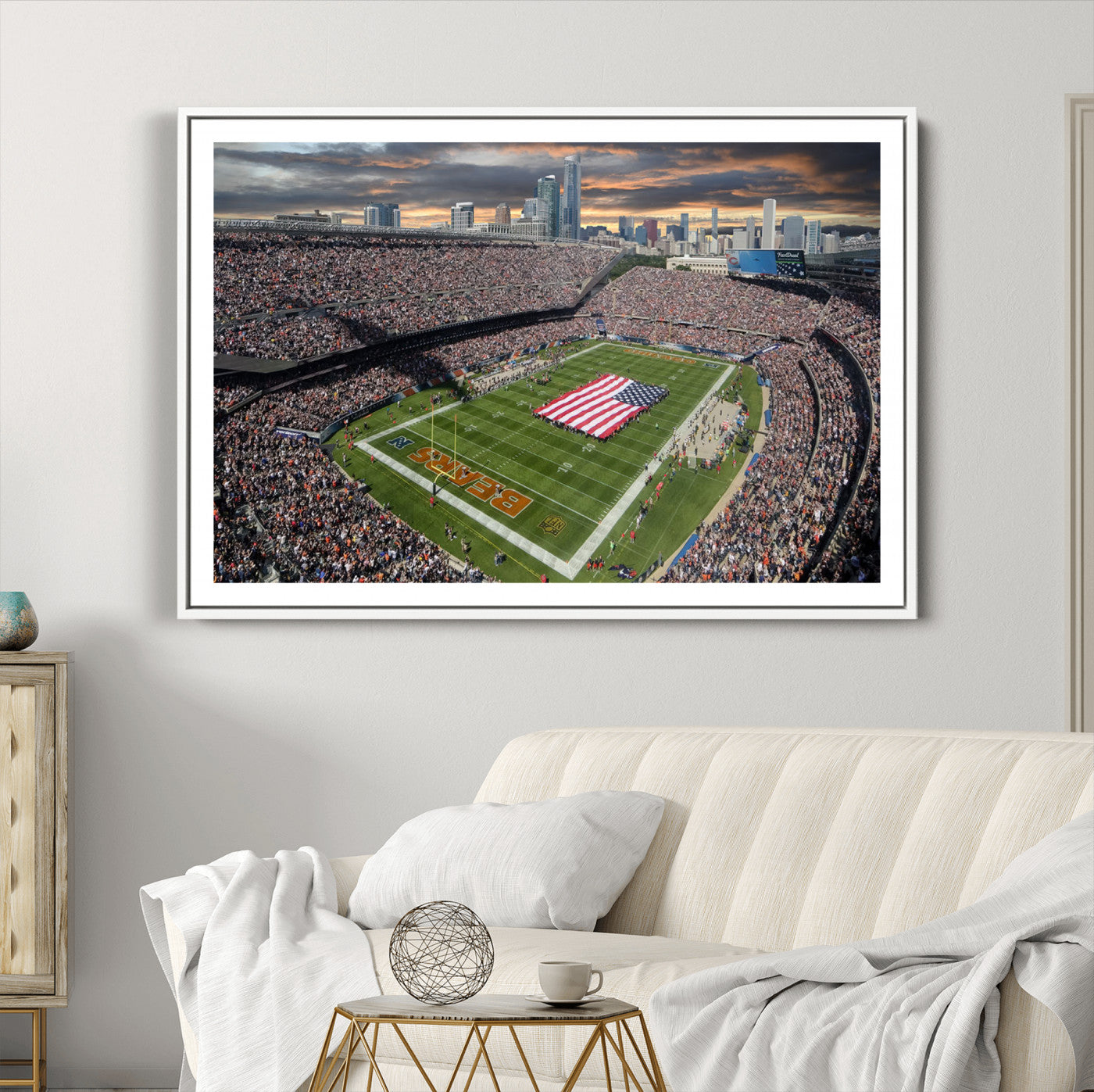 98106777-MGC-FP-36x24_White-Chicago Bears Soldiers Field Wall Art Canvas Print – Framed Football Stadium Artwork for Sports Fans, Soldier Field Skyline Canvas Decor for Game Room or Man Cave