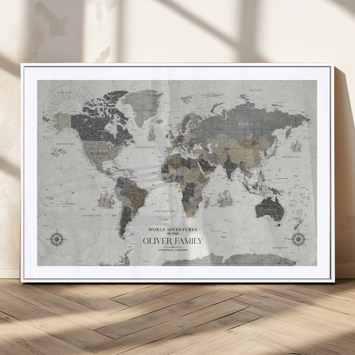 MGC-FP-36x24 - Custom Push Pin World Map Wall Canvas Print – Personalized Travel Tracker with Pins – Framed Large Multi-Size Canvas for Home Office Decor