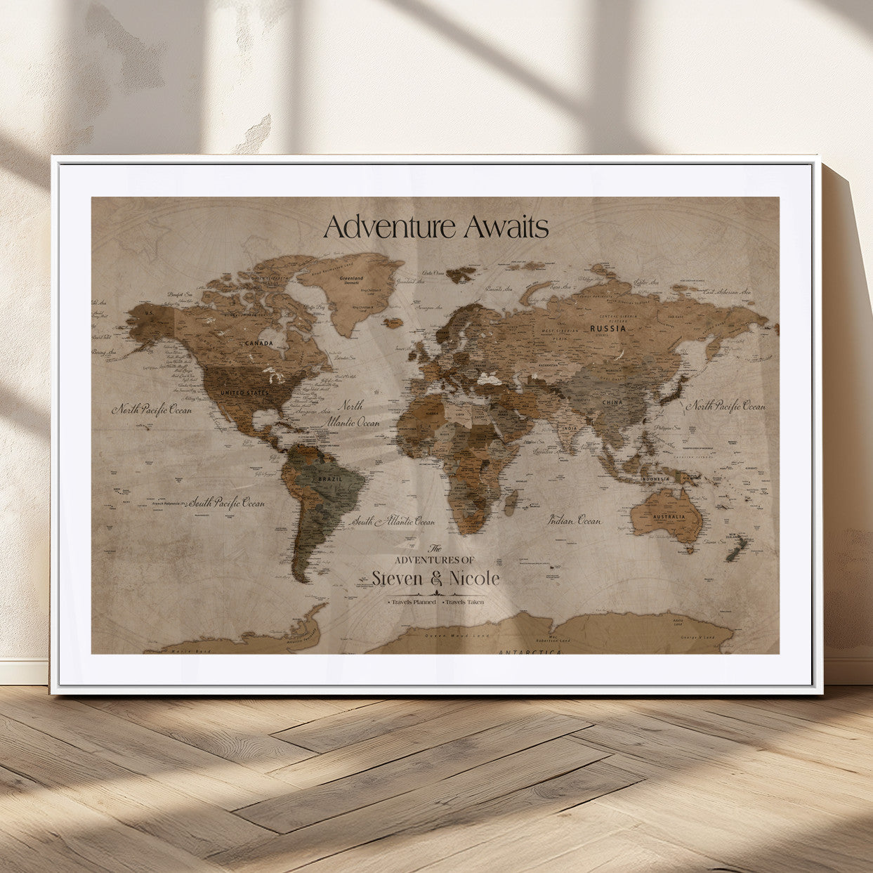 MGC-FP-36x24 - Custom Push Pin World Map Wall Canvas Print – Personalized Travel Tracker with Pins – Framed Custom Quotie Canvas for Home Office Decor