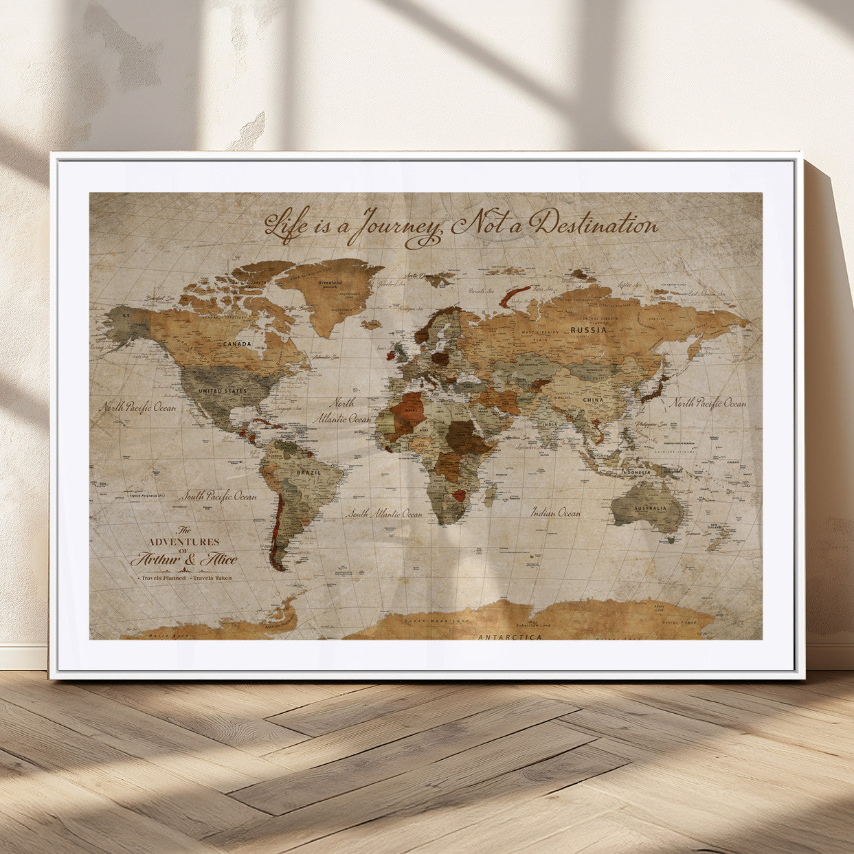 MGC-FP-36x24 - Customizable Framed World Map Wall Art, Personalized Push Pin Travel Maps Canvas Print, Handcrafted in USA, 100 Pins with Foam Backing