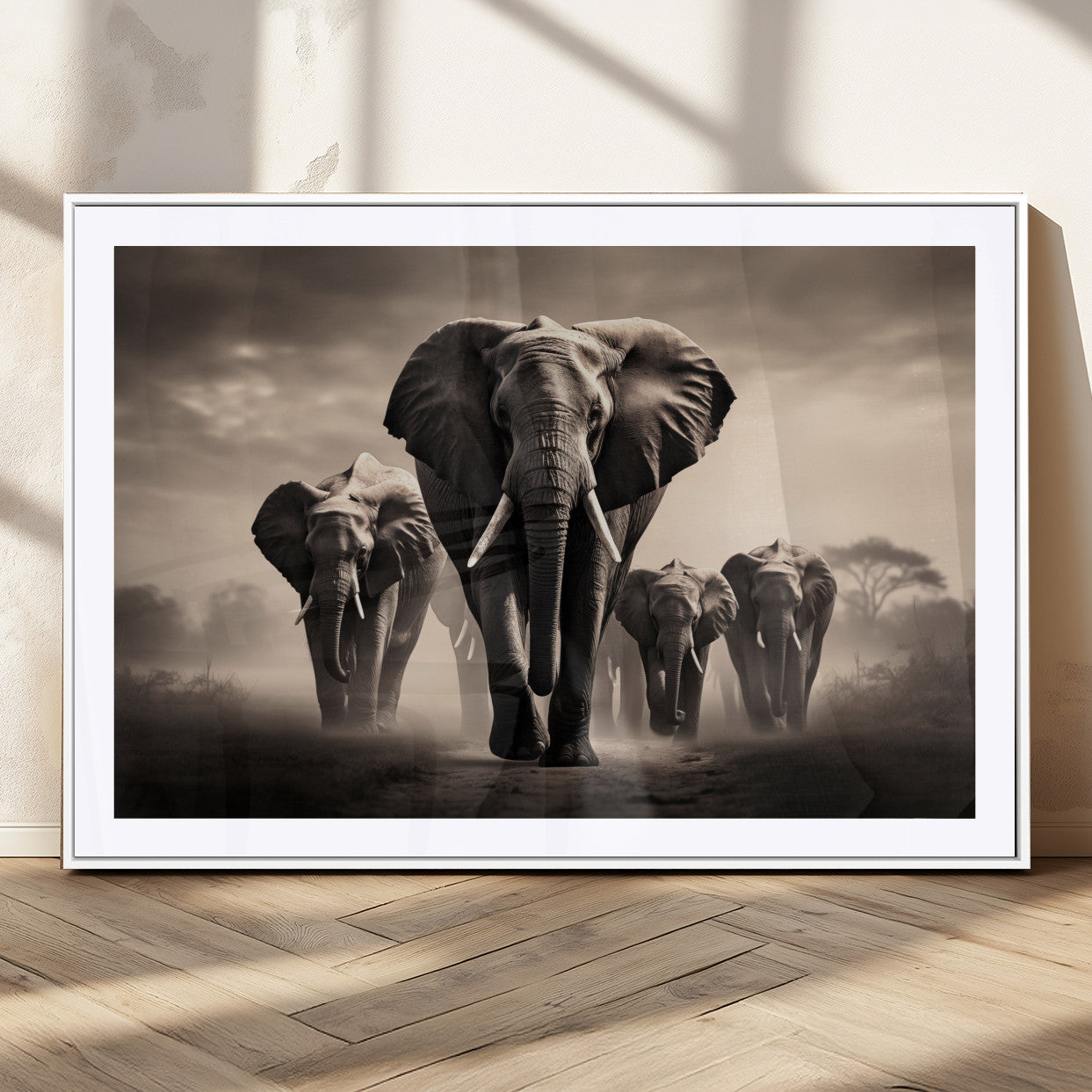 MGC-FP-36x24 - Elephant Family Wall Art Canvas Print, Framed Elephant Wall Art Home Decor