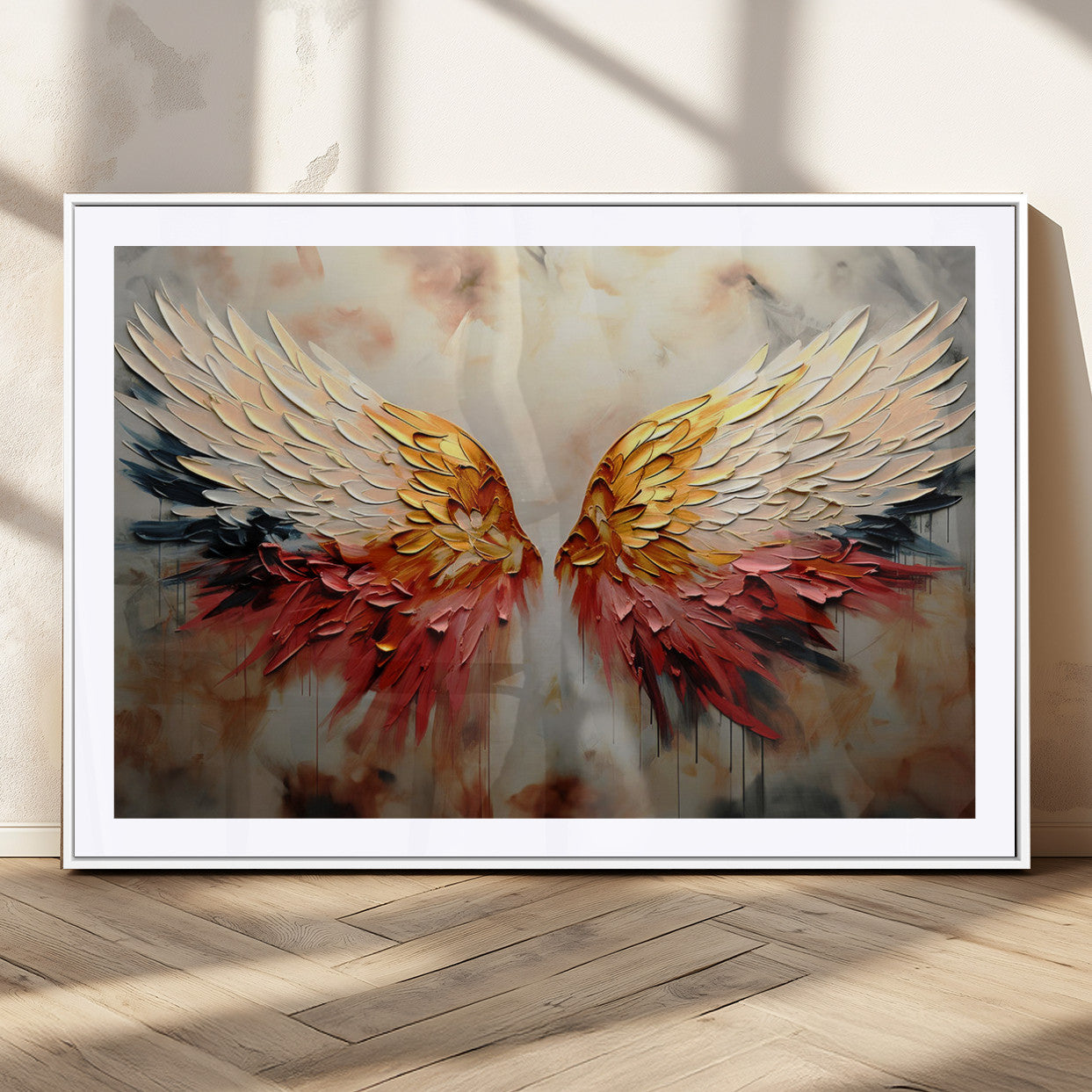 A stunning 3D-style painting of angel wings with vibrant gold, red, and black hues, creating a dramatic and striking visual effect.