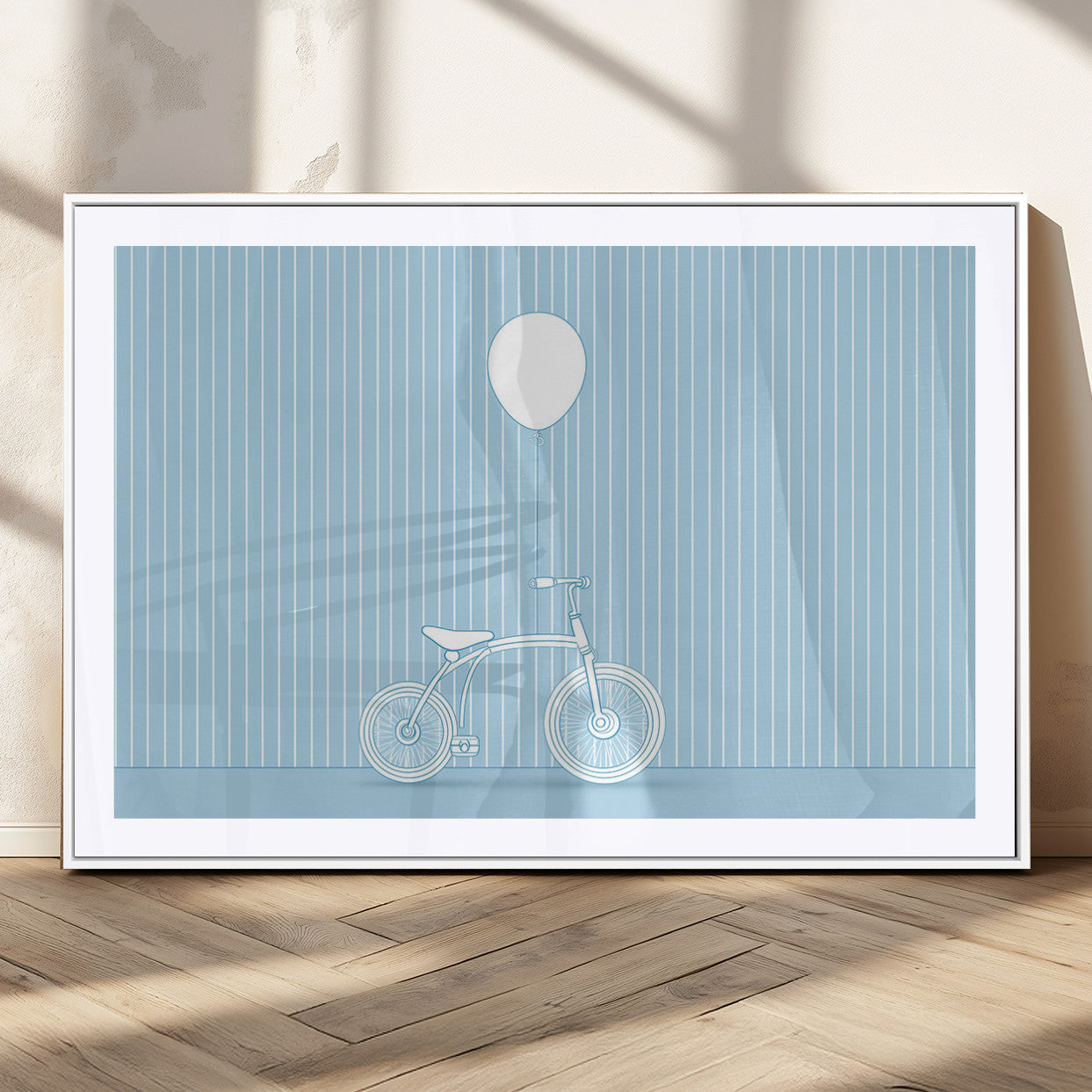 A minimalistic blue line drawing of a bicycle with a balloon floating above it, set against a soft striped background.