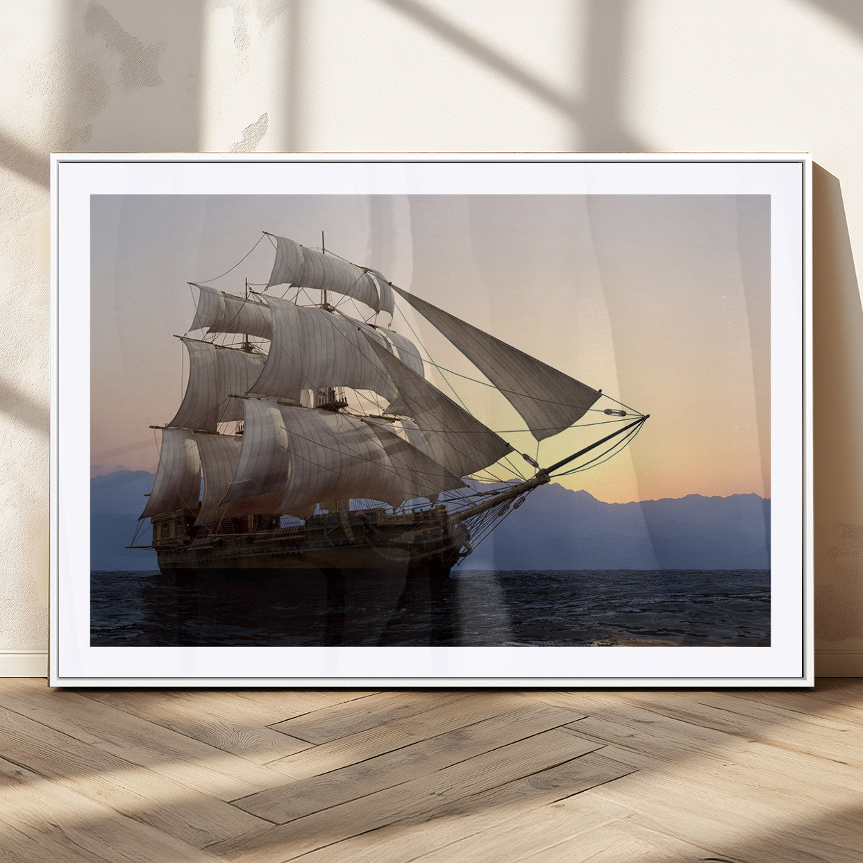 A majestic sailing ship with full sails, gliding through the ocean at sunset, with the soft glow of the sky casting a serene backdrop.