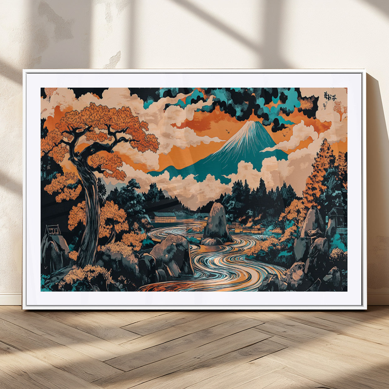 A vibrant Japanese-inspired landscape featuring Mount Fuji, a winding river, and autumn-colored trees under a dramatic sky, in bold and vivid hues.