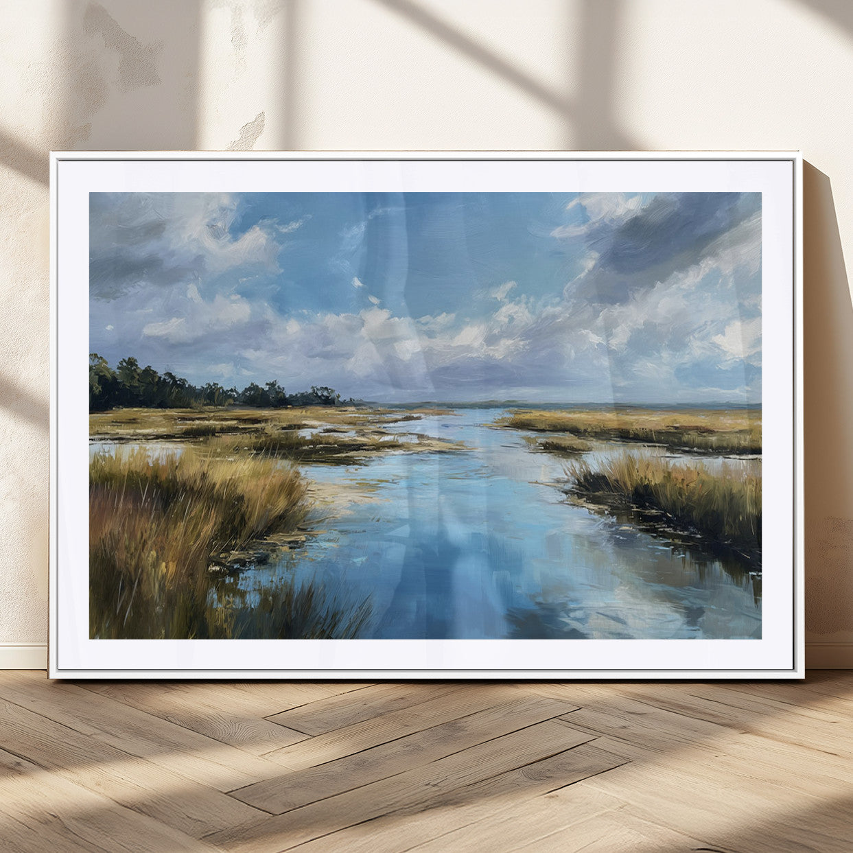 A beautiful, painterly landscape of a calm river winding through a marsh, with vibrant green grasses and a bright blue sky filled with fluffy clouds.