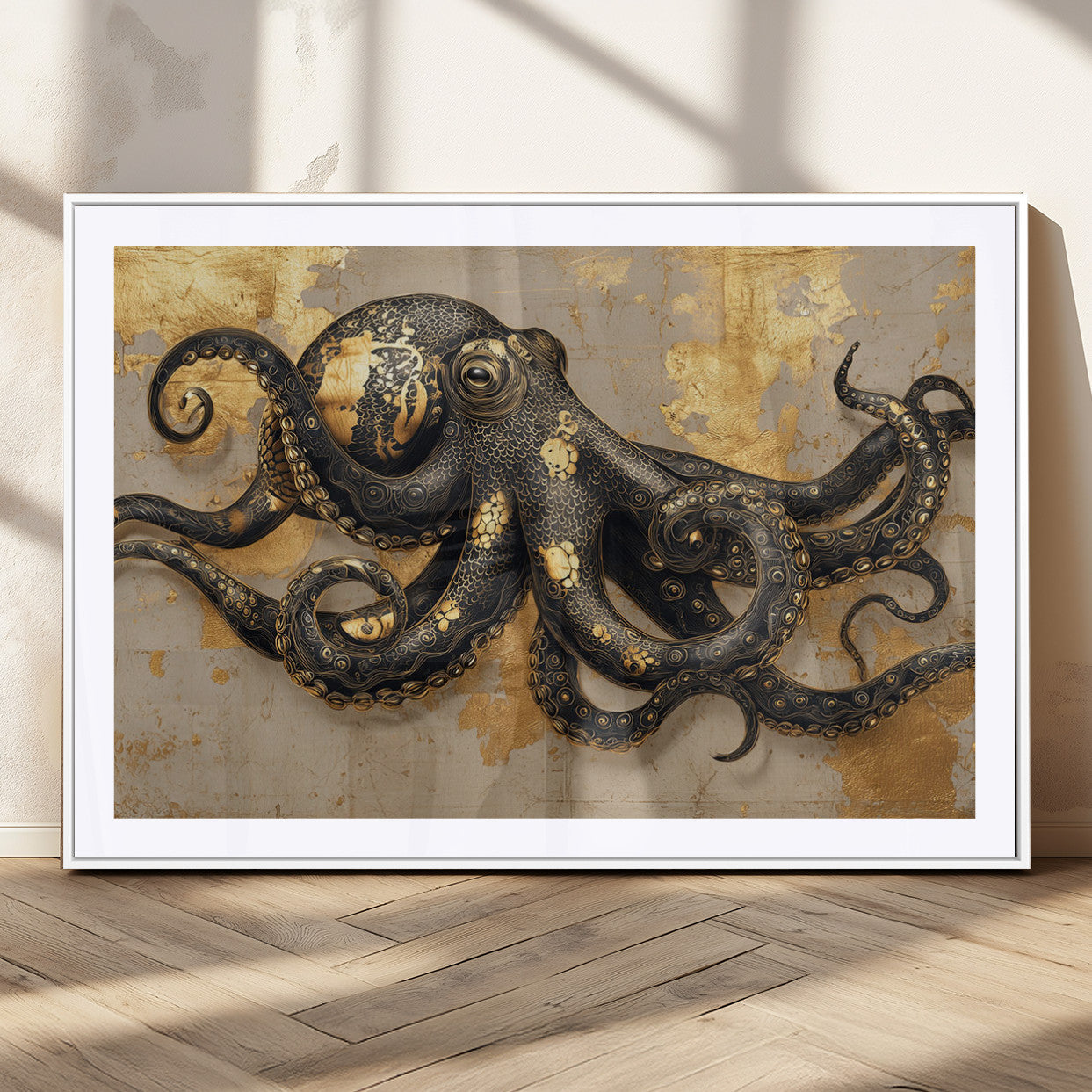 A stunning golden and black illustration of an octopus on a textured background with gold leaf accents, highlighting its intricate tentacles and unique design.