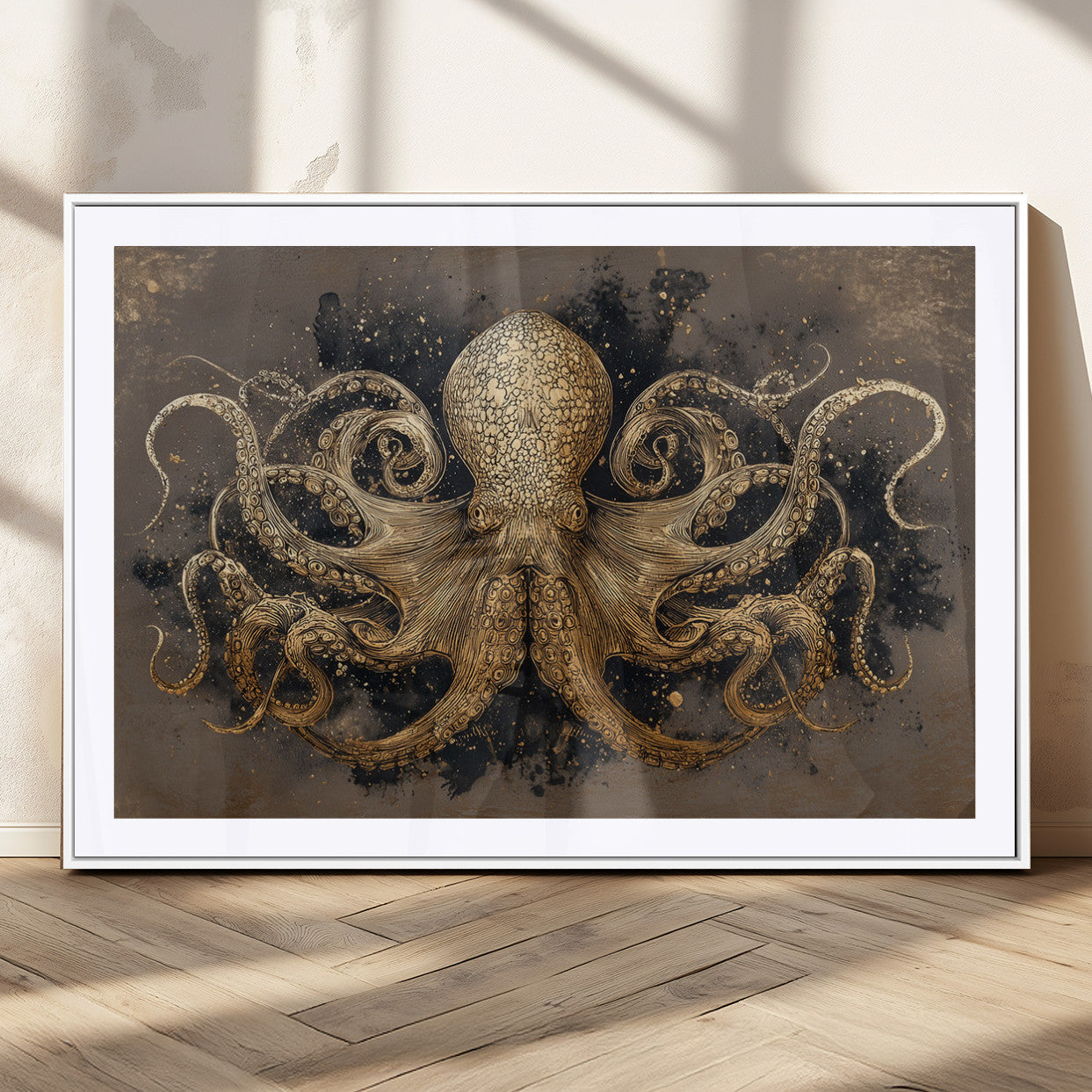 A beautifully detailed illustration of an octopus in gold ink on a textured dark background, with swirling tentacles and intricate patterns.