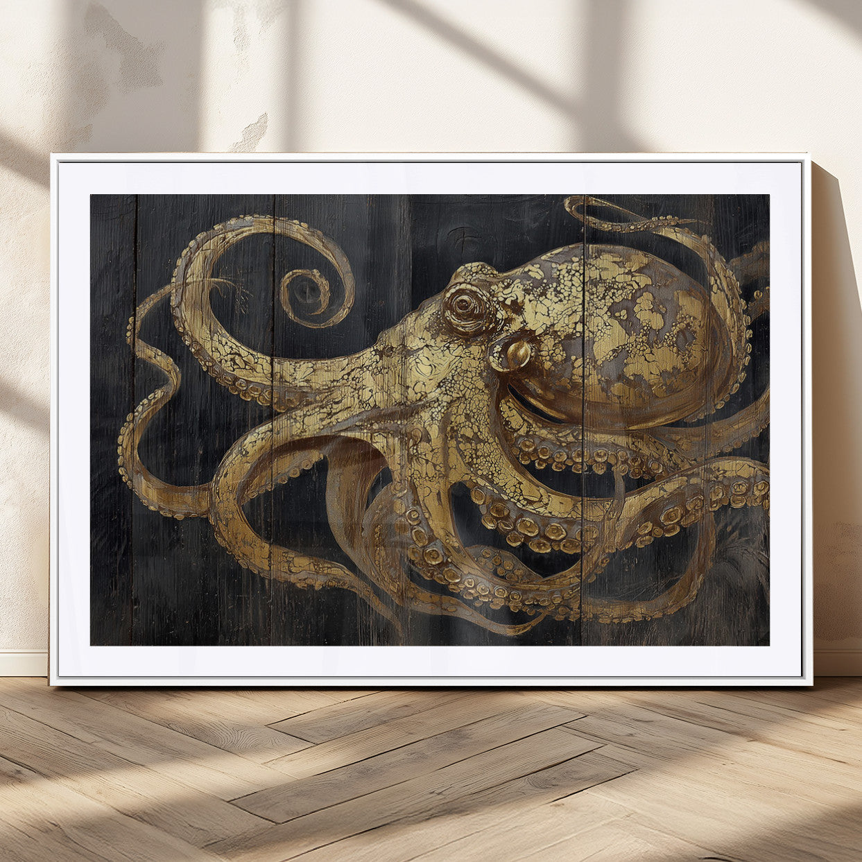 A detailed gold illustration of an octopus on black wooden planks, showing its intricate tentacles and textured skin in an artistic style.