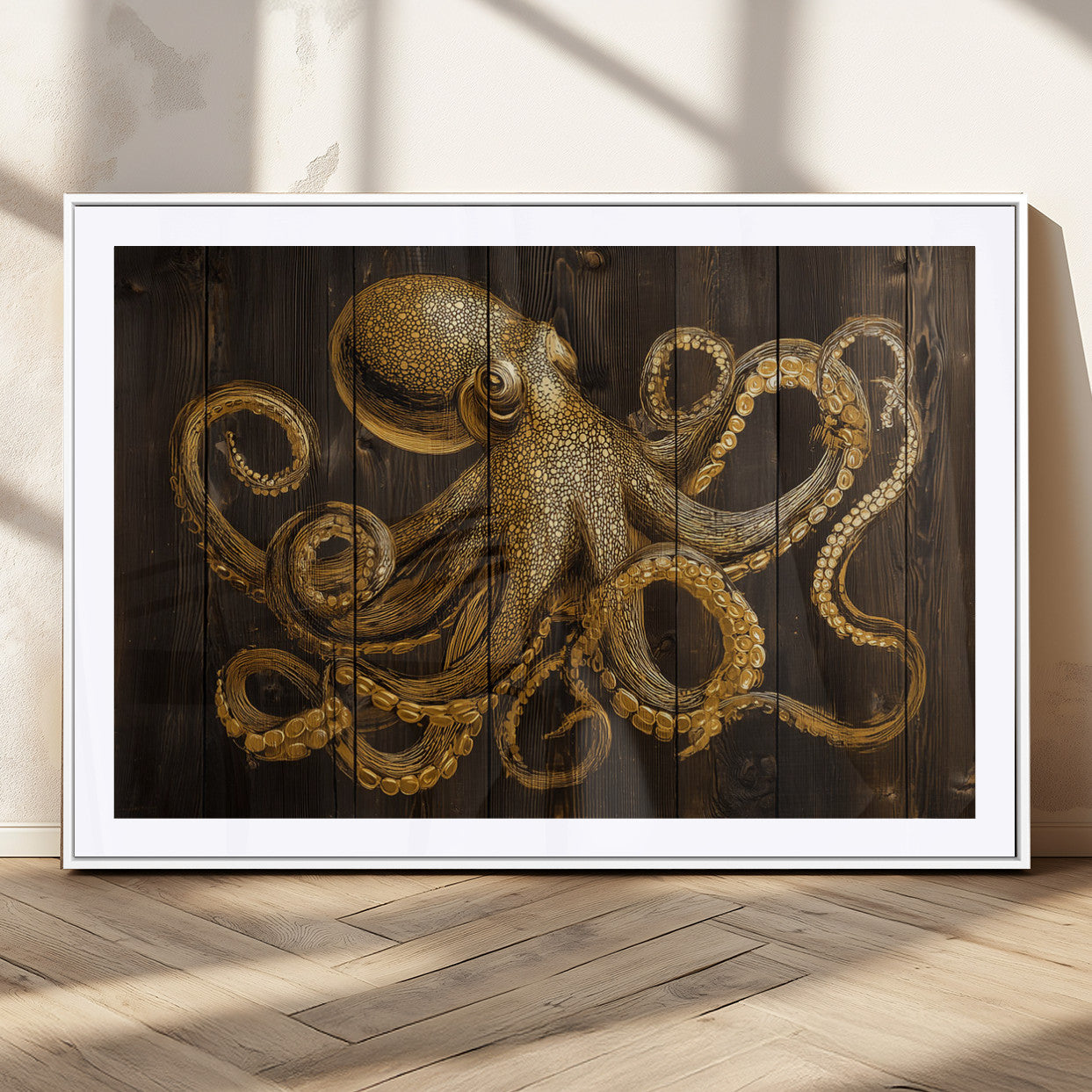 An artistic rendering of an octopus in gold ink on wooden planks, showcasing intricate details of its tentacles and textured skin.