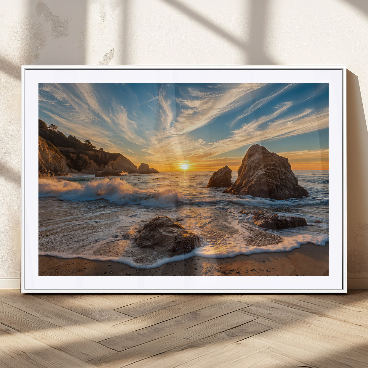 Rocky Ocean Sunset Wall Art Print, Seaside Canvas Wall Art, Dramatic Seascape Canvas Print for Coastal Modern Decor, Ocean Sunset Art Printing