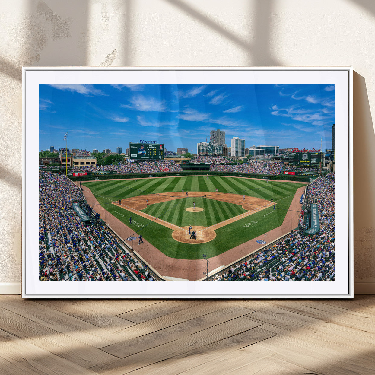 Wrigley Field Baseball Stadium Canvas Wall Art, Packed Crowd Sports Stadium Print, City Skyline Baseball Field Canvas for Game Room Decor