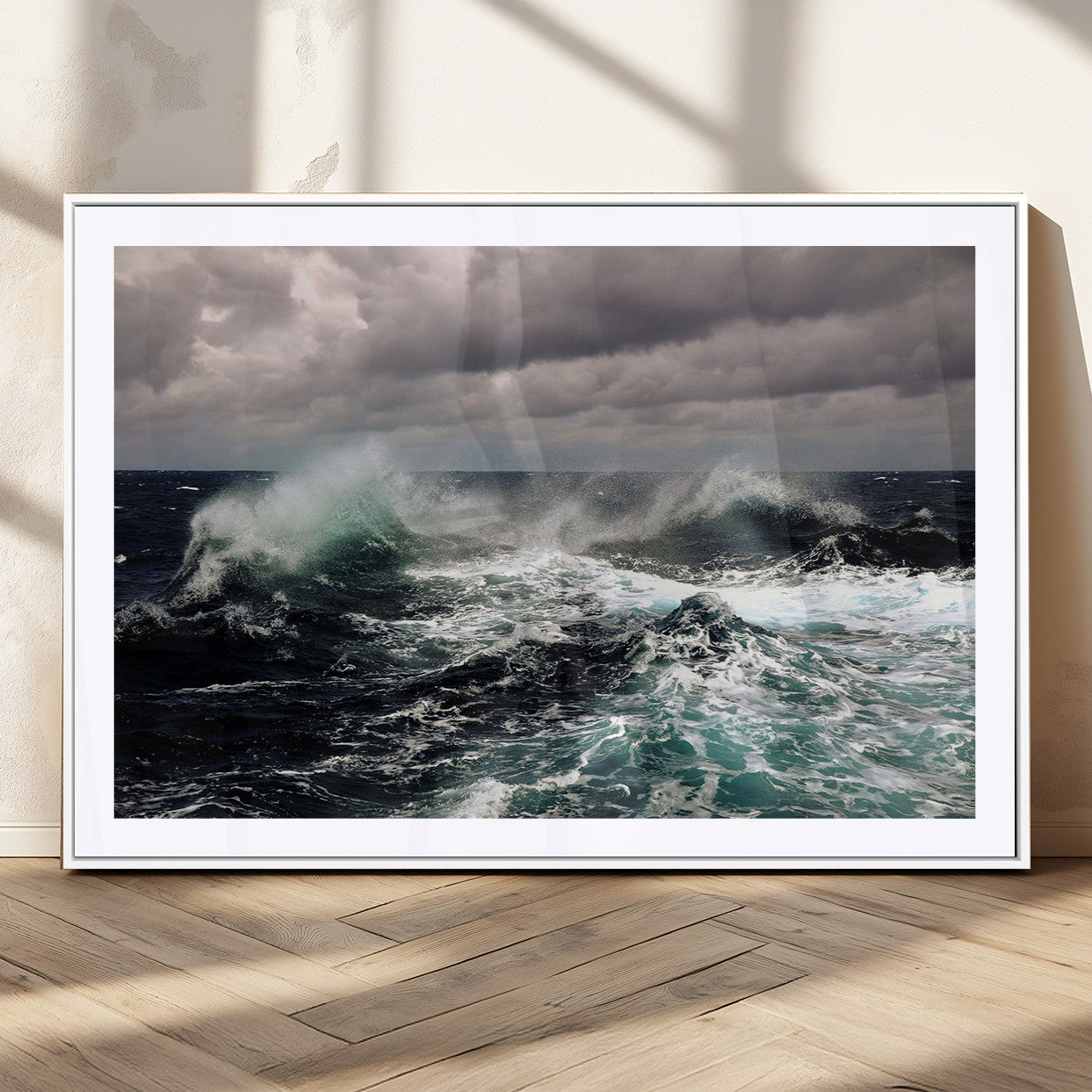 Powerful ocean waves crashing under stormy skies, creating a dynamic and intense seascape.