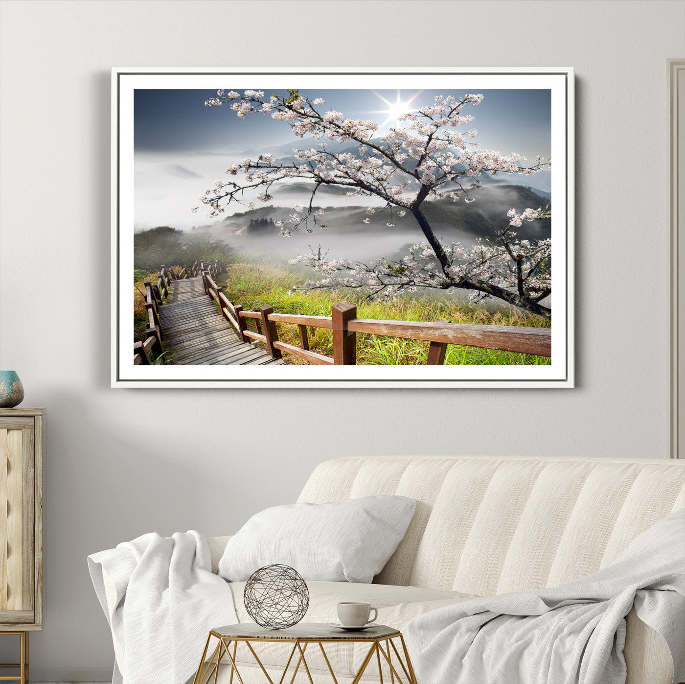 34632598CRY-MGC-FP-36x24_White-Sakura Cherry Blossom Pathway Canvas Wall Art – Tranquil Walk Through Blossoming Nature – Ready to Hang