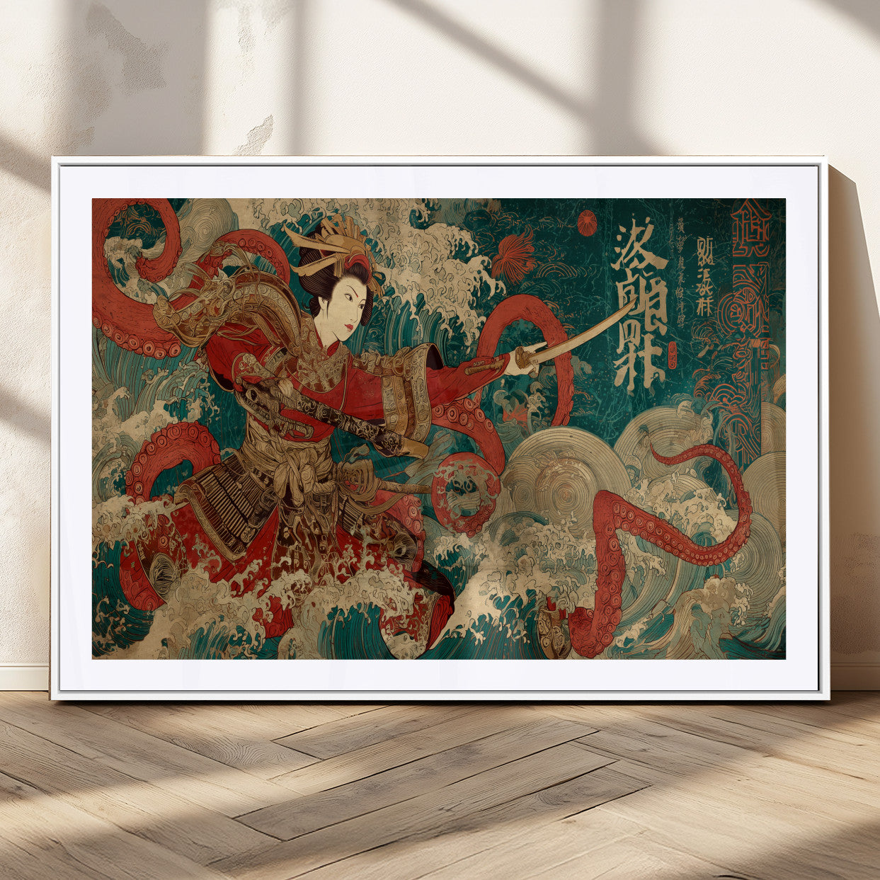 MGC-FP-36x24 - Tsukioka Yoshitoshi Samurai Wall Art Print, Japanese Katana Warrior Canvas Wall Art, Octopus Sea Monster Canvas Print,