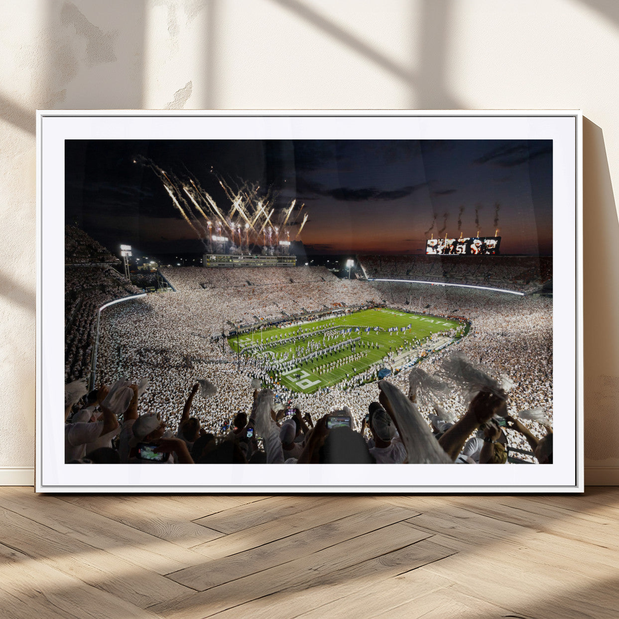 Penn State Stadium Wall Art Print, White Out Football Game Canvas Wall Art, Framed Sports Stadium, Large College Football Canvas Print for Game Room - Man Cave + 555
