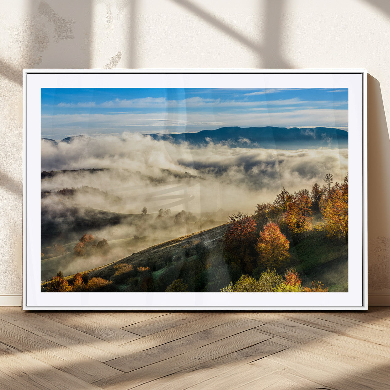 21551192-MGV-CV-36X24-Misty Autumn Hills Canvas Wall Art, Foggy Forest Landscape, Fall Foliage Beauty, Serene Mountain View, Cozy Home Decor, Office Tranquility, Nature Calm Print