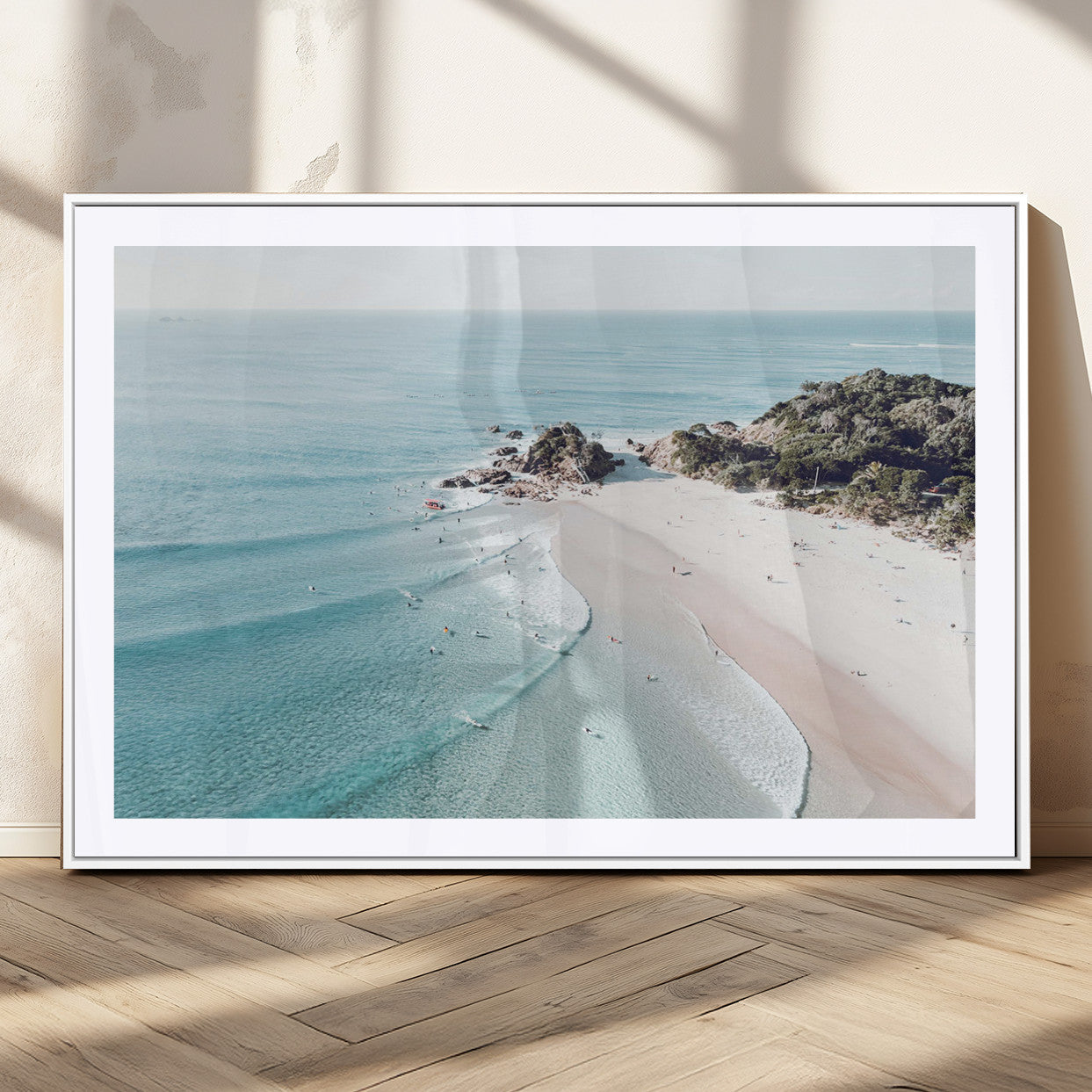 79395467-MGV-CV-36X24-Aerial Beach Canvas Wall Art Print, Coastal Ocean Waves and Surfers, Large Scenic Seaside Canvas for Home or Office 1 Panel Wrapped Canvas
