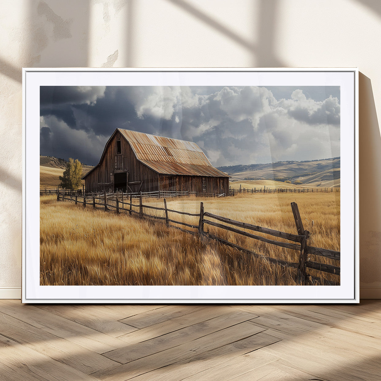 "Rustic barn surrounded by golden fields, a wooden fence, and dramatic storm clouds in the sky, capturing a serene countryside landscape."