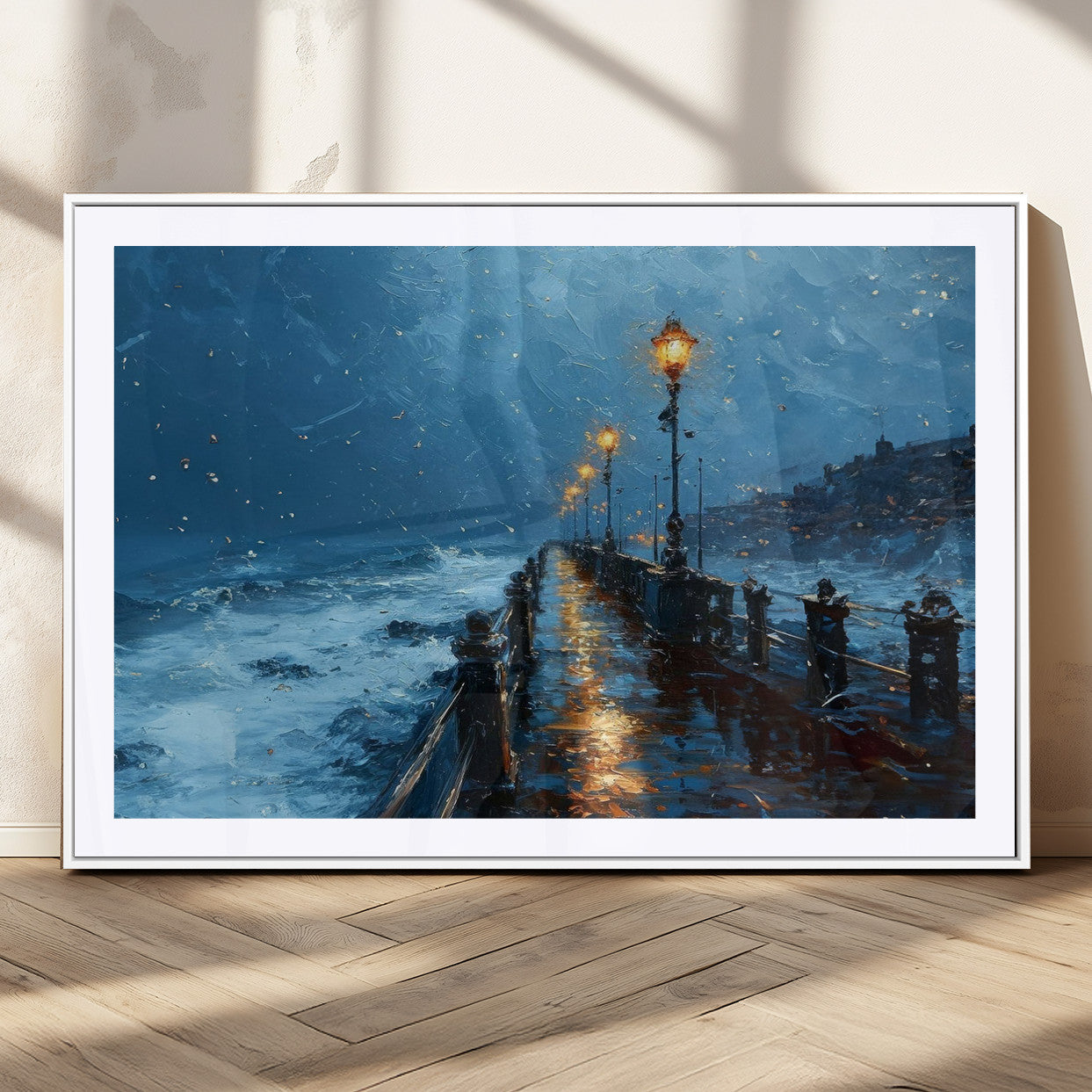 "Impressionistic painting of a stormy pier with street lamps glowing, waves crashing, and a misty ocean under a blue sky."