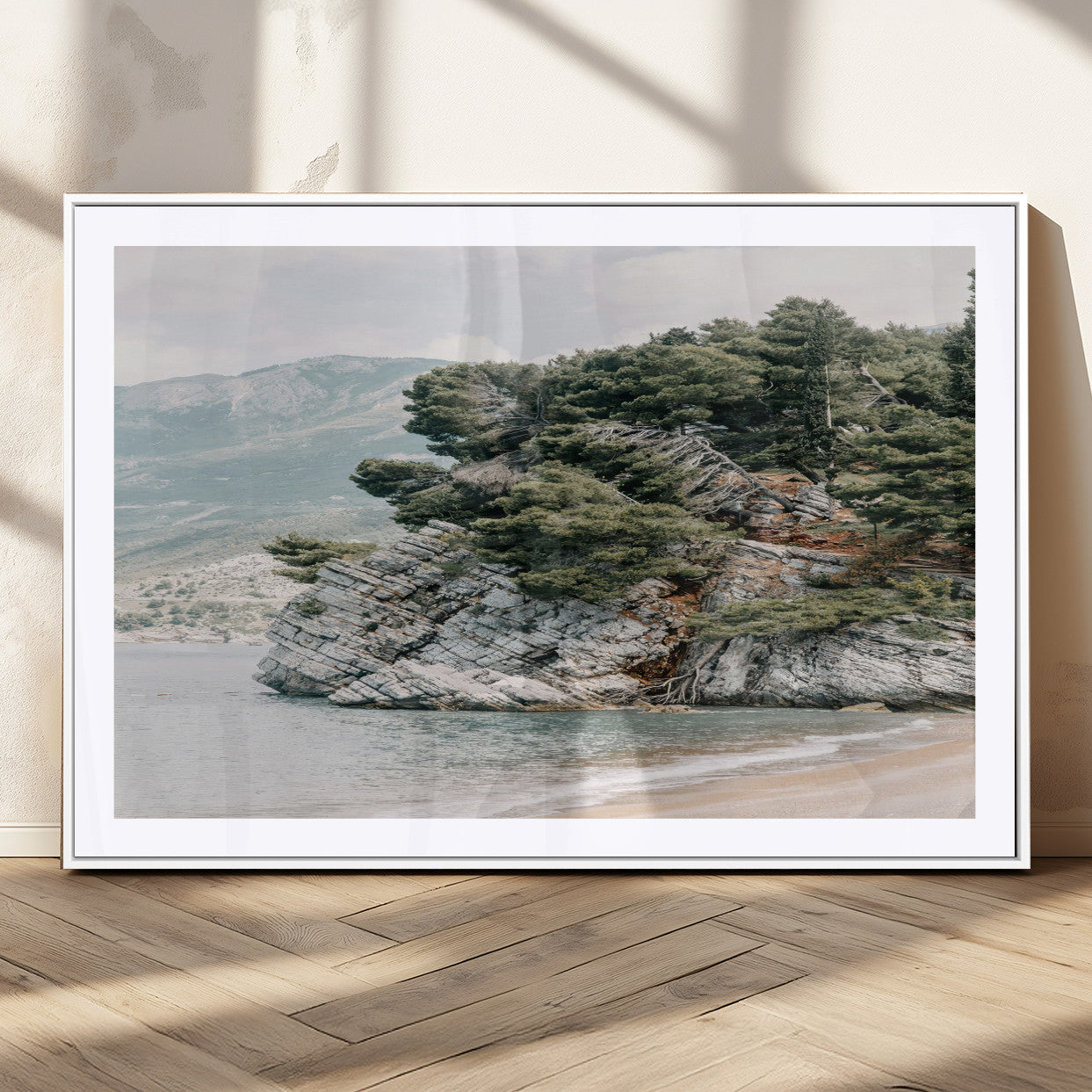 MGC-FP-36x24 - Coastal Rock Canvas Wall Art Print, Scenic Beach Landscape, Pine Trees on Rocky Cliff, Large Nature