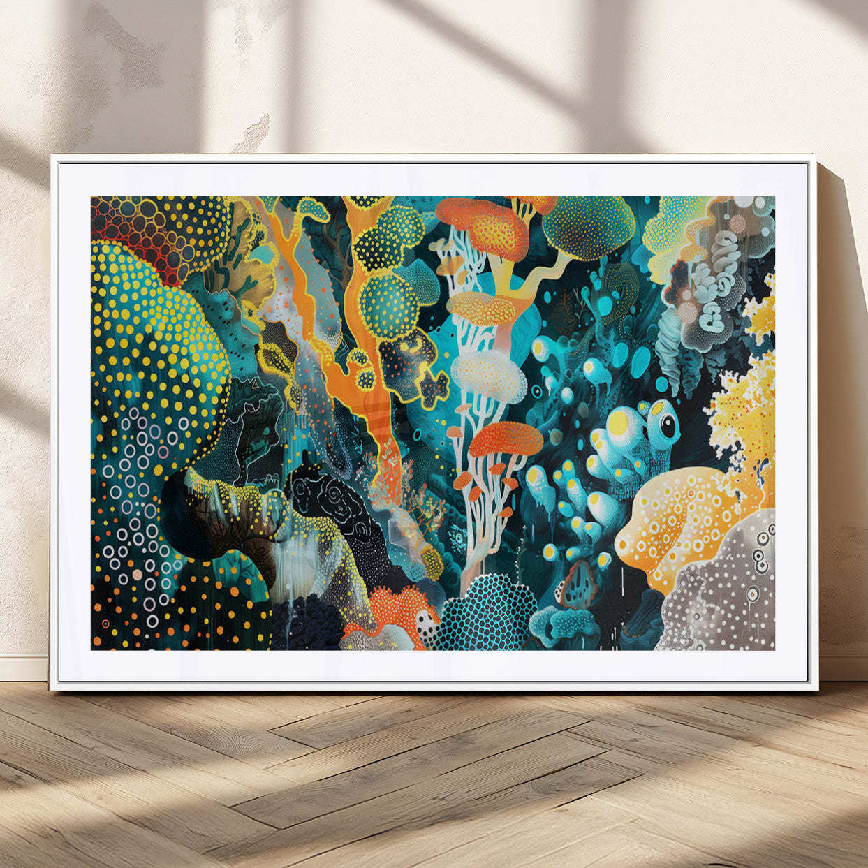 Colorful abstract coral reef scene featuring vibrant underwater plants, marine patterns, and fluid organic shapes – Wall Art Canvas Print.