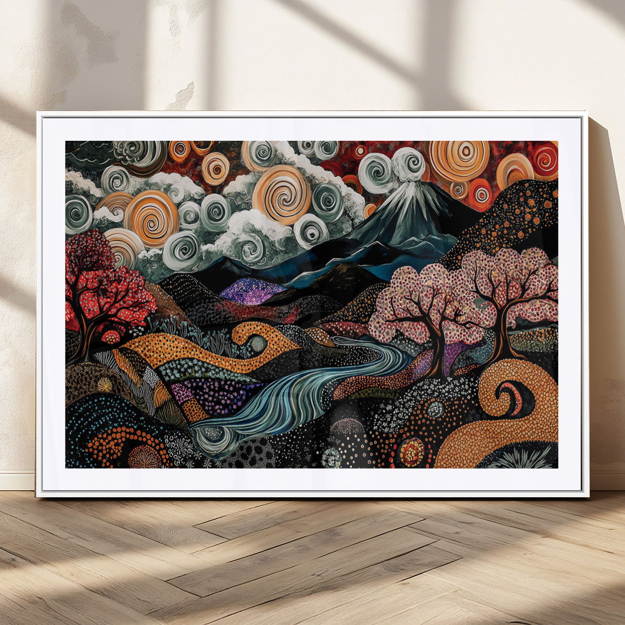 Vibrant abstract landscape painting featuring swirling clouds, colorful trees, flowing river, and textured hills under a mountain – Wall Art Canvas Print.