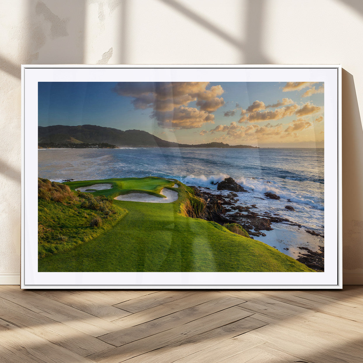MGC-FP-36x24 - Stunning Coastal Golf Course at Sunset with Rolling Green Fairways and Ocean Waves – Perfect Wall