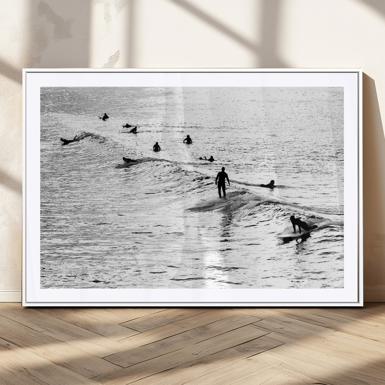 MGC-FP-36x24 - Black and White Surfers Riding Gentle Ocean Waves – Minimalist Coastal Photography Wall Art Canvas
