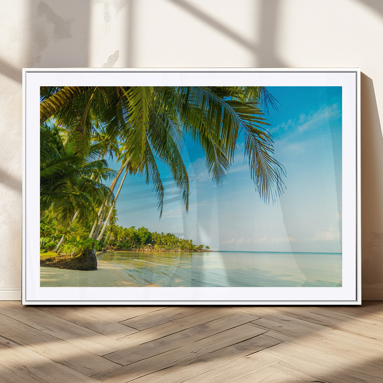 MGC-FP-36x24 - Peaceful Tropical Beach with Palm Trees and Calm Blue Sea – Serene Coastal Wall Art Canvas Print for