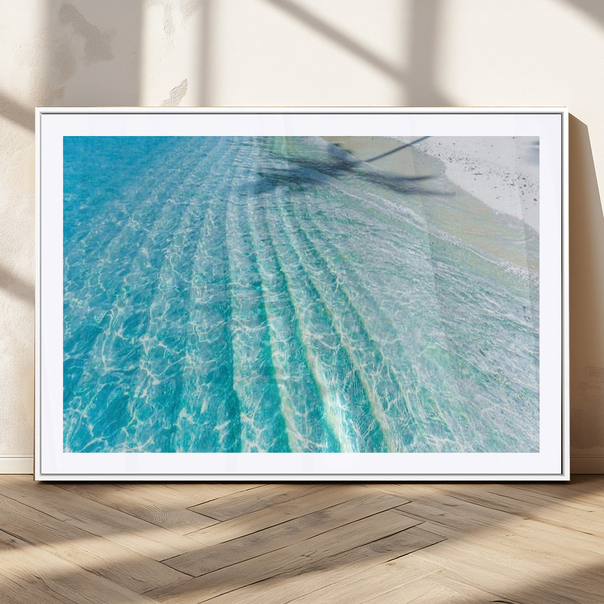 17528159-MGV-CV-36X24-Crystal Clear Shallow Ocean Water with Sunlight Reflections and Palm Tree Shadow on Sandy Beach – Beautiful Wall Art Canvas Print for Coastal Decor