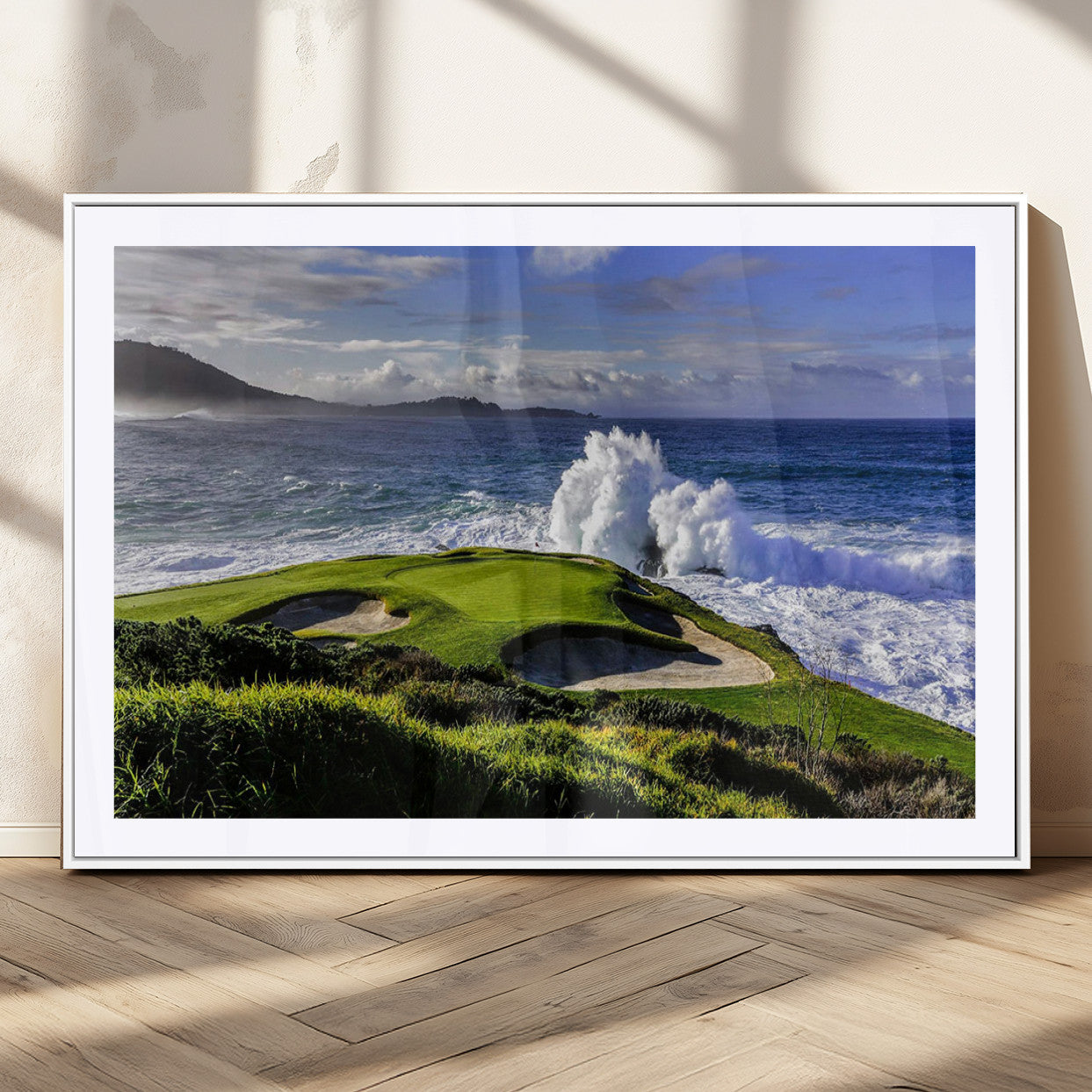 78508908-MGV-CV-36X24-Dramatic Ocean Waves Crashing Against Rocky Coastline Near a Green Golf Course – Stunning Wall Art Canvas Print for Nature and Sports Lovers