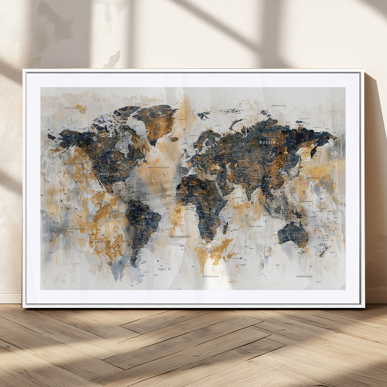 Artistic world map with textured brush strokes in shades of gold, navy blue, and white, showing continents and countries with an abstract, painterly effect.