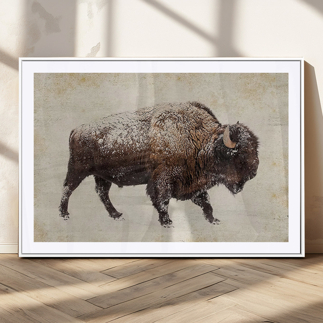 54810031-MGV-CV-36X24-Snow-dusted bison silhouette textured vintage style rugged wildlife art with neutral tones perfect for rustic home decor Wall Art Canvas Print design