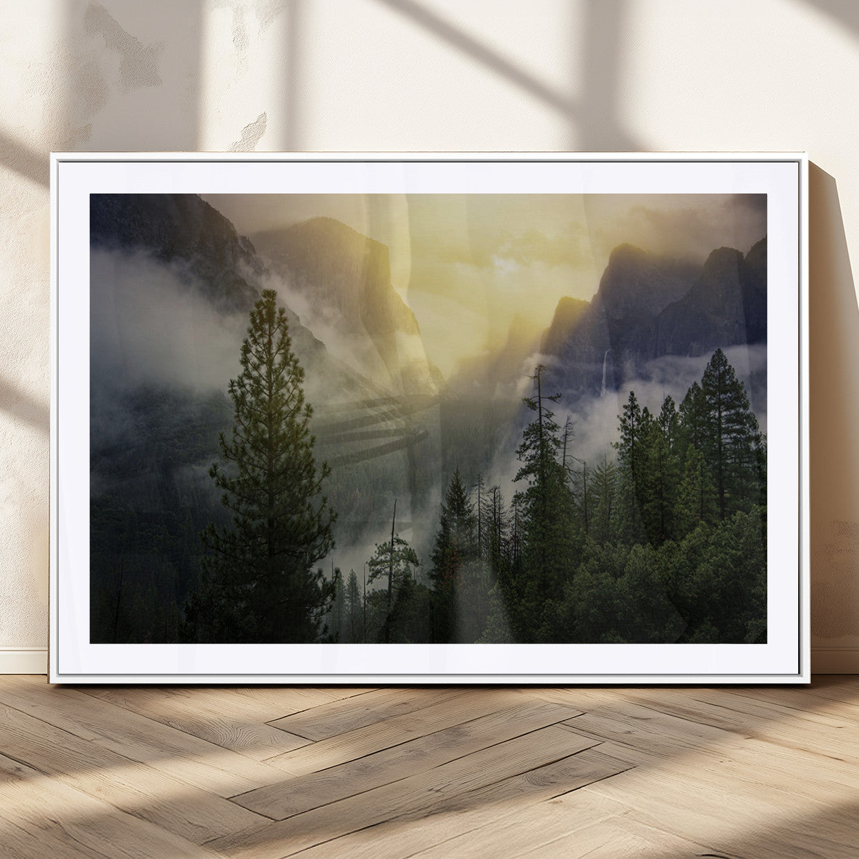 38316884-MGV-CV-36X24-Misty Forest Sunrise Mountain Valley Pine Trees Foggy Landscape Nature Scenic Outdoors Calm Tranquil Wall Art Canvas Print