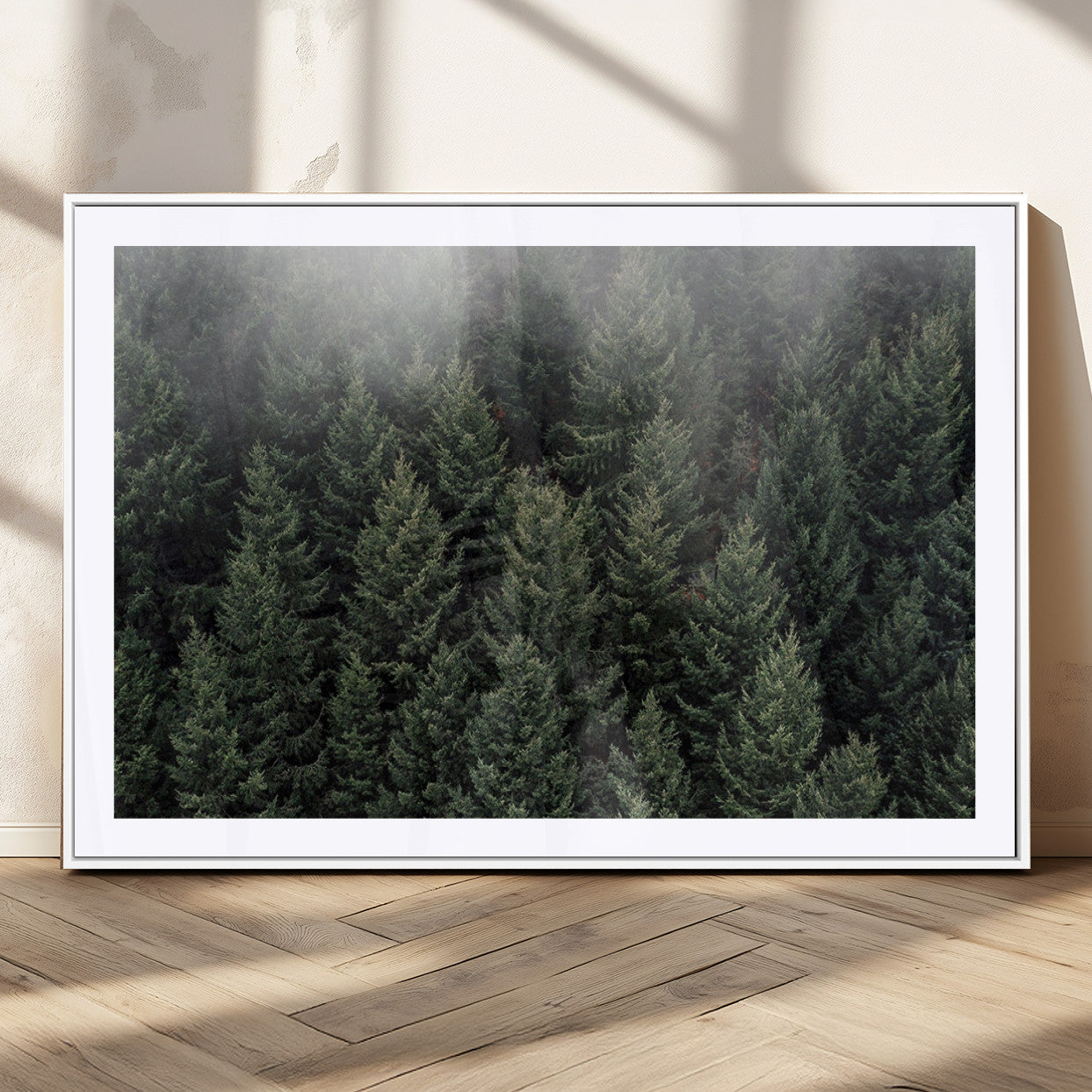 84059409-MGV-CV-36X24-Dense Evergreen Forest Misty Morning Fog Pine Trees Woodland Nature Landscape Calm Peaceful Scenic Wall Art Canvas Print